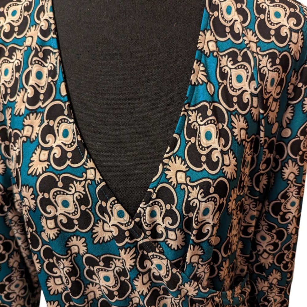 New York & Company Teal Floral Long Sleeve Dress Size: XL - Picture 5 of 11